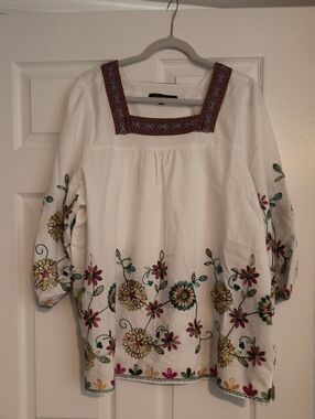 Embroidered White Peasant Blouse with Floral Trim